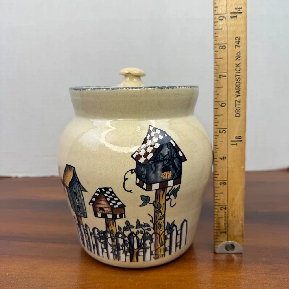 Home & Garden Party Birdhouse Canister Set 3pc Stoneware USA 2001 Vintage